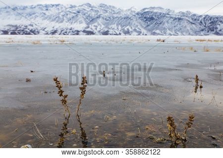 Bartogai Lake With Transparent Water With Mountains In Background In Winter Time Near Almaty, Kazakh