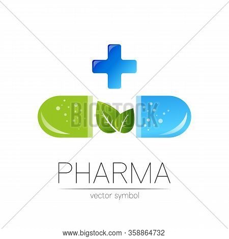 Pharmacy Vector Symbol With Green Leaf For Pharmacist, Pharma Store, Doctor And Medicine. Modern Des