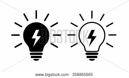 Two Light Bulb Flat Icons, Black And Linear. Lighting Electric Lamp With Lightning Inside And Rays, 
