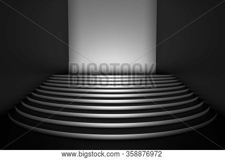 Stage With Black Round Stairs In Empty Black Room In The Dark, Wide Angle, Front View, Abstract Arch