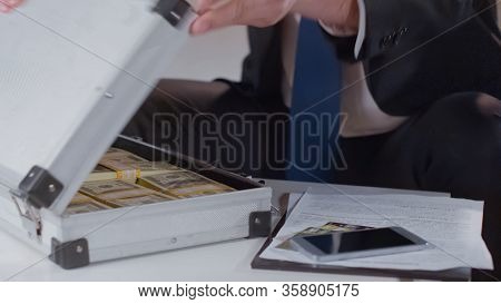 Businessman Checking Money In Briefcase, Kickback For Politician, Close Up