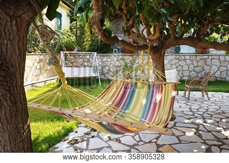 Summer Garden With Color Hanging Hammock For Relaxtion