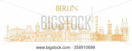 Panoramic Vector Line Art Illustration Of Landmarks Of Berlin, Germany. Berlin Skyline Vector Illust