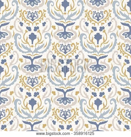 French Blu Shabby Chic Damask Vector Texture Background. Antique White Yellow Blue Seamless Pattern.
