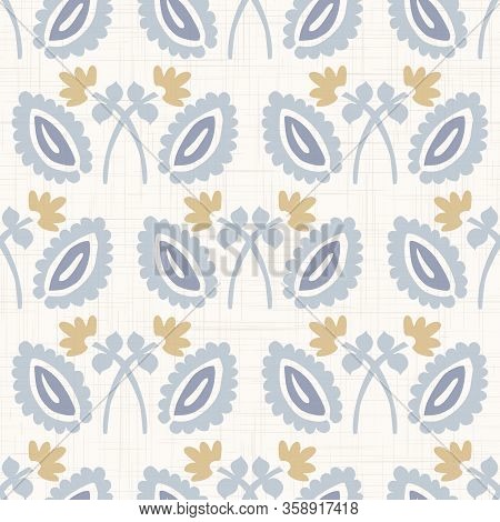 French Blu Shabby Chic Leaf Damask Vector Texture Background. Antique White Yellow Blue Seamless Pat