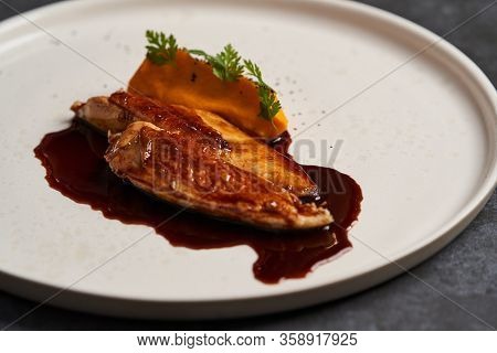 Sous Vide Chicken Breast With Mashed Young Carrots And Chicken Jus