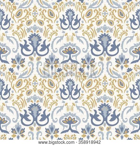 French Blu Shabby Chic Damask Vector Texture Background. Antique White Yellow Blue Seamless Pattern.