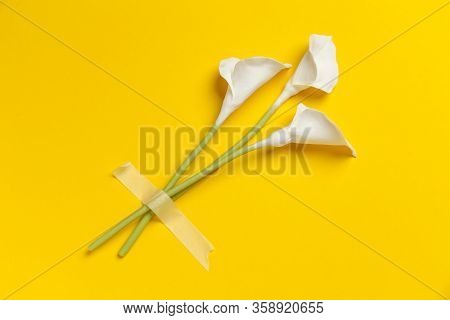 Calla Flower With Sticky Tape Isolated On Flat Lay Yellow Background. Minimal Spring Wedding Or Birt