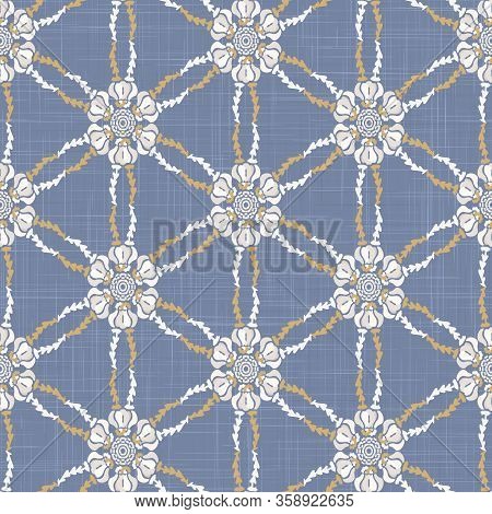 French Blu Shabby Chic Damask Vector Texture Background. Antique White Blue Heart Seamless Pattern. 