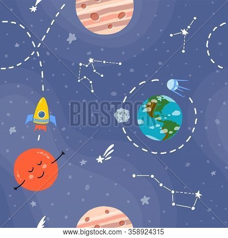 Galaxy Pattern Cartoon Style.  Bright Childish Tile. Rocket Space Travel. Cute Design For Kids Fabri