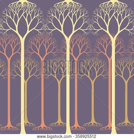 Seamless Pattern With Barren Tree Silhouettes. Hand Drawn Natural Illustration With Stylized Trees. 