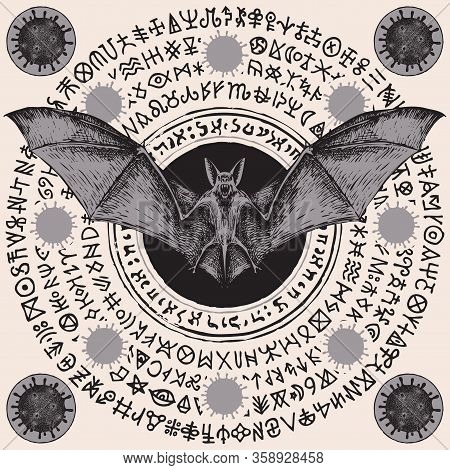 Vector Hand-drawn Banner With Scare Bat, Coronavirus Cells And Runes. A Magic Mandala Or Amulet With