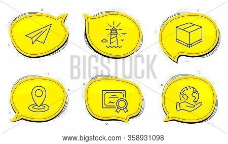 Location Sign. Diploma Certificate, Save Planet Chat Bubbles. Delivery Box, Lighthouse And Paper Pla