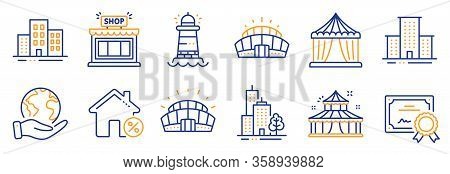 Set Of Buildings Icons, Such As Circus, Sports Stadium. Certificate, Save Planet. University Campus,