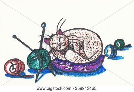 Hand Drawn Illustration The Cat And Ravels.