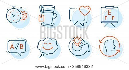 Heart, Face Id And Share Idea Signs. Tea, Cogwheel Timer And Smile Line Icons Set. Ab Testing, Visio