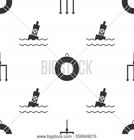 Set Neptune Trident, Lifebuoy And Floating Buoy On The Sea On Seamless Pattern. Vector