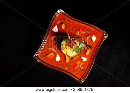 Seasoned Tomato Soup With Avocado And Decorations