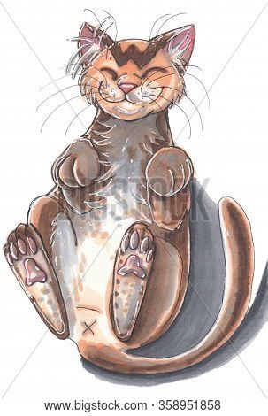 Hand Drawn Illustration The Happy Cat. Pen Markers.
