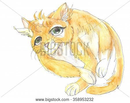 Lazy Cat For Decoration Design. Watercolor Illustration.