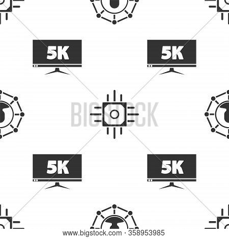 Set Project Team Base, Processor And Monitor Display With 5k Video On Seamless Pattern. Vector