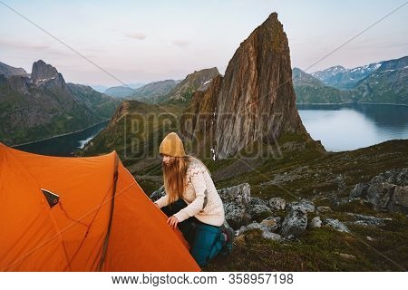 Tent Camping In Mountains Hiker Woman Traveling In Norway Alone Adventure Healthy Lifestyle Active S