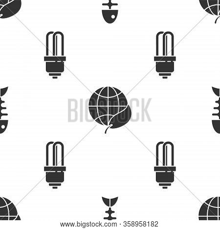 Set Fish Skeleton, Earth Globe And Leaf And Led Light Bulb On Seamless Pattern. Vector