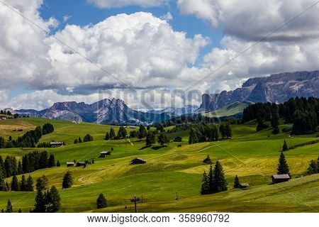 Alpe Di Siusi With Sella Group Mountains In The Background
