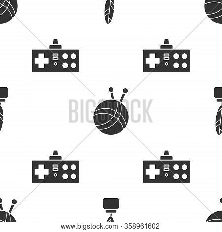 Set Feather And Inkwell, Yarn Ball With Knitting Needles And Gamepad On Seamless Pattern. Vector