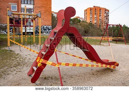 Vilnius, Lithuania - March 27 2020: Park Kids And Children Playground For Game And Activity Empty An
