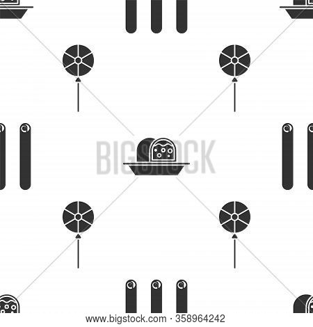 Set Three Rolled Sticks Of Cinnamon, Marzipan Sponge Cake And Lollipop On Seamless Pattern. Vector