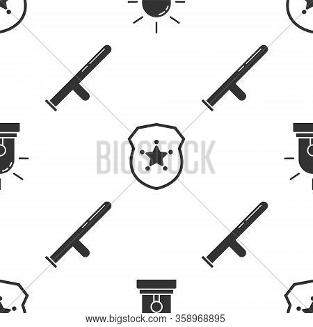 Set Flasher Siren, Police Badge And Police Rubber Baton On Seamless Pattern. Vector