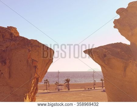 Stunning Rock Erosion Formations Along Beach In Bolnuevo, Near Mazarron. Natural Sandstone Shapes. M