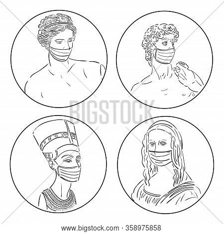 Museum Exhibits In Quarantine Caricature With Masks, Black Outline Isolated On White Background, Sto