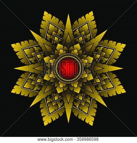 Applied Thai Art Pattern, Golden Octagon Star Shape Red Inner Circle, In Mandala Style.
