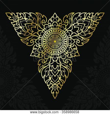 Thai Pattern Art, Vector Golden Lines. Triangular Shape On A Black Background.