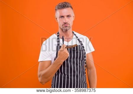 Barbershop Style Starts Here. Barber Hold Razor Orange Background. Bearded Man Shave In Barbershop. 
