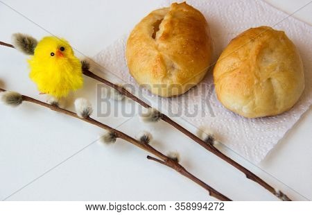 Happy Easter Background, Copy Space. Baking For Easter And Yellow Chick Sitting On A Willow Branch O
