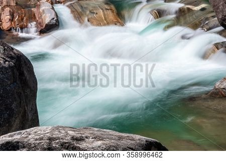 Bed Of The Versasca River In Lavertezzo, Valle Versasca. The River With The Cleanest Water In The Wo