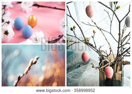 Easter Collage With Blue And Pink And Gold Eggs, Willow Buttons And Flowers. Holiday Card Concept.