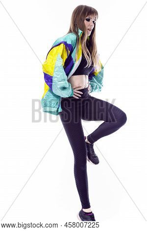 Full Length Portrait Of Positive Winsome Caucasian Female Athlete Sportwoman In Fitness Skinny Outfi