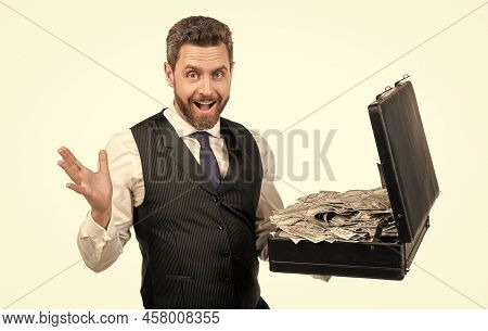 Surprised Businessman With Money Cafe Isolated On White Background, Investment