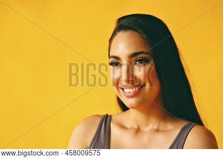Headshot Beauty Shot Of Hispanic Latina Woman Smiling Young Adult With Black Long Hair And Tank Top 