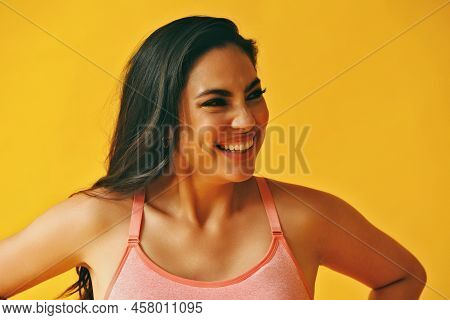 Headshot Beauty Shot Of Hispanic Laughing Latina Woman Toothy Smile Young Adult With Black Long Hair