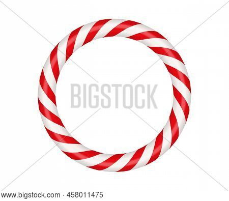 Christmas Candy Cane Circle Frame With Red And White Striped. Xmas Border With Striped Candy Lollipo