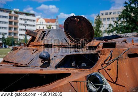 Prague, Czech Republic, 11 July 2022: Exhibition Of Russian Invasion Weapons Destroyed By Ukrainian 
