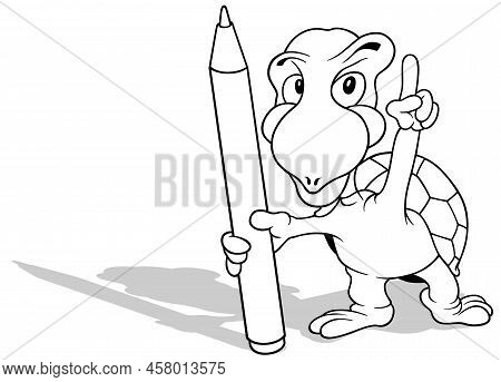 Drawing Of A Turtle Pointing With His Finger And Holding A Felt Tip Pen - Cartoon Illustration Isola