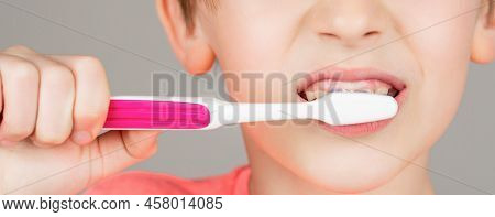 Boy Toothbrush White Toothpaste. Health Care, Dental Hygiene. Joyful Child Shows Toothbrushes. Littl