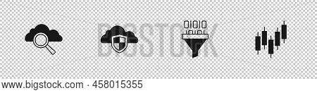 Set Search Cloud Computing, Cloud And Shield, Binary Code And Browser With Stocks Market Icon. Vecto