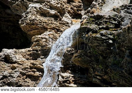 Water Stream Steep Falling Over Rocky Ledge, Waterfall.